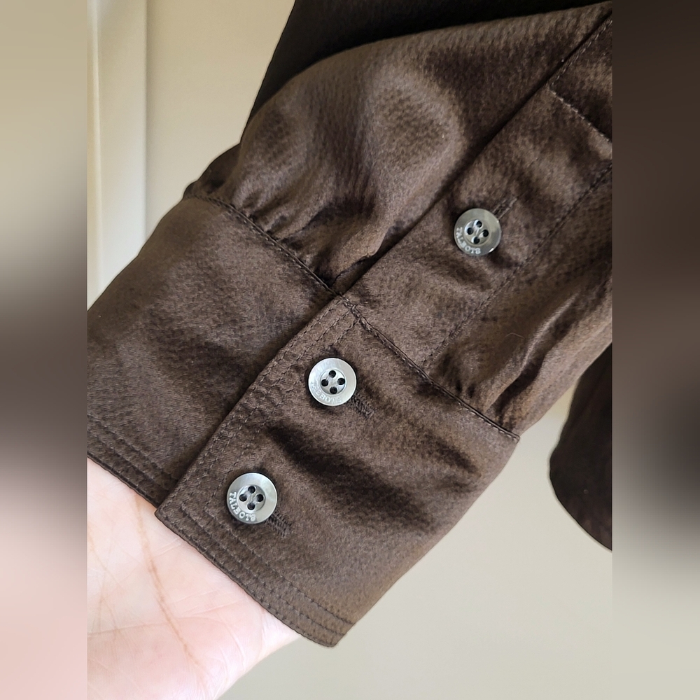 Talbots 100% Silk Button Front Blouse Brown Utility Style - Picture 6 of 9